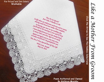 Just Like a Mother Gift Handkerchief  1302 Sign & Date for Free!   5 Wedding Hankie Styles and 8 Ink Colors. She's Just Like A Mother to You