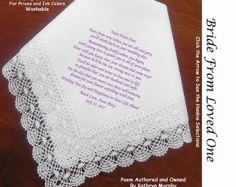 Gift for the Bride Hankie from Loved One ~ 0621 Sign & Date Free!  5 Brides Handkerchief Styles and 8 Ink Colors. Brides Hankerchief