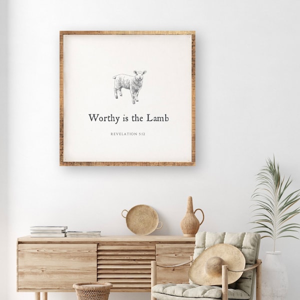 Worthy is the Lamb • Wood Sign • Animal Pencil Sketch • Christian Home Decor Square Sign • Book of Revelation