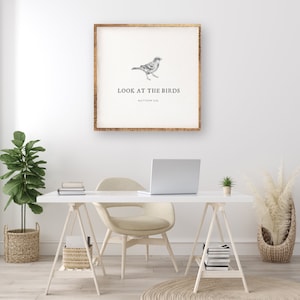 Bible Verse Wood Sign • Bird Pencil Sketch • Matthew 6 • Look at the Birds • Wall Art or Mini Wood Block Shelf Sitter