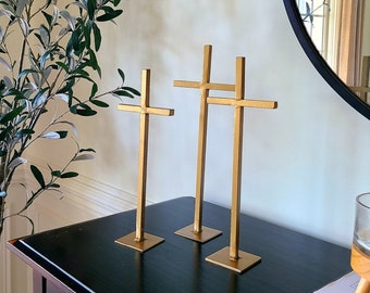 Hand-Welded Metal Standing Cross • Buy One or Set of 3 | Easter Resurrection Sunday Shelf Decor