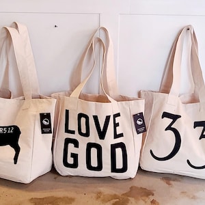 Christian Tote Bags | Love God Love Others | Worthy is the Lamb | 33AD year Jesus Died & Rose