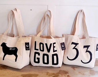 Christian Tote Bags | Love God Love Others | Worthy is the Lamb | 33AD year Jesus Died & Rose