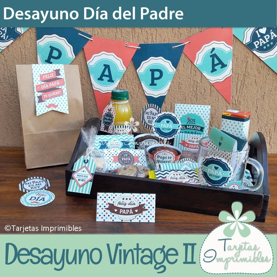 Día del Padre vintage 2 Desayuno personalizado. PDF imprimible con frases para papá. Texto NO editable. Descarga inmediata.Texto en español. Il_570xn