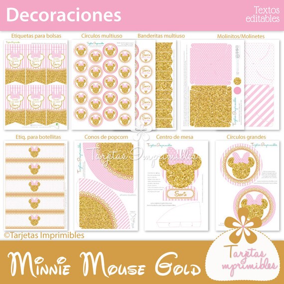 Minnie Mouse Gold & Pink Party decorations Kit. Immediate delivery. PDF format with editable text. Il_570xn