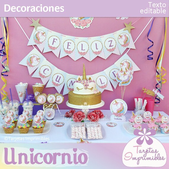 Unicornio Kit de decoraciones imprimibles para fiestas. Entrega inmediata. Formato pdf con texto editable. Il_570xn