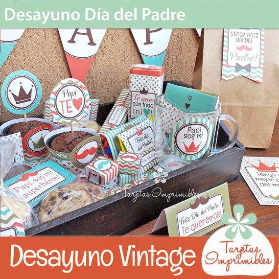 Día del Padre vintage Desayuno personalizado. PDF imprimible con frases para papá. Texto NO editable. Descarga inmediata. Texto en español. Il_570xn