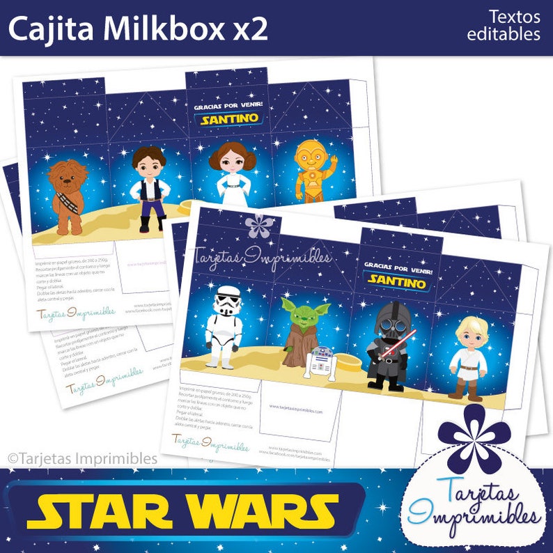 Descarga inmediata. PDF Texto editable Star Wars Cajitas tipo Milkbox para imprimir