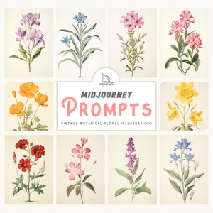 Midjourney Prompts Wall Art Vintage Botanical Floral Illustrations Midjourney Prompts Nature Customizable Midjourney Prompts Guide AI Art