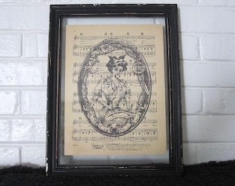 Vintage Nautical Woman Art Print on Vintage Music Sheet - Rockabilly Gothic Wall Decor Wall Print