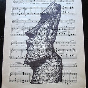Easter Island Head Art Print on Vintage Music Sheet - Horror Gothic Tiki Wall Decor Wall Print