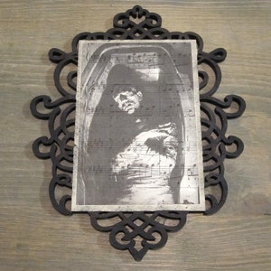 The Mummy on Vintage Music Sheets and Laser Cut Wood Frame- Horror Gothic Spooky Decor