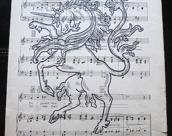 Impresión de arte de unicornio en partitura vintage - Decoración de pared con impresión de pared gótica de fantasía