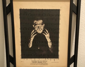 Frankenstein Black and White  Music Sheet Framed Art Picture - Horror Gothic Monster Home Decor