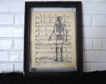 Standing Skeleton Back Art Print on Vintage Music Sheet - Human Anatomy Gothic Horror Wall Decor Wall Print