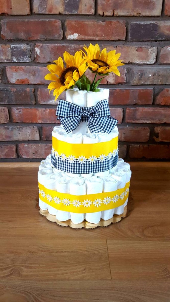 Flower Diaper Cake Baby Shower Gingham Neutral Boy Or Girl Picnic Gift Honey Bee