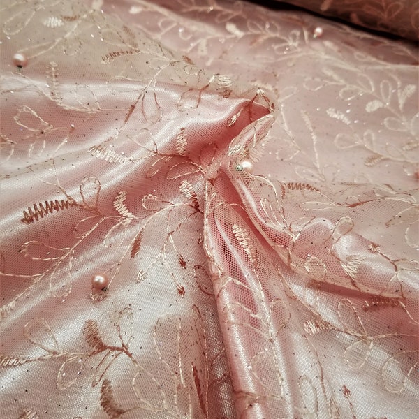 Light Peach Rhinestone Fabric for Bridal, Prom & Wedding Gowns