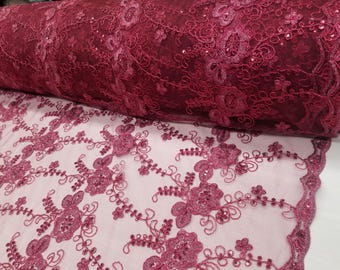 Beautiful Burgundy with Sequins Flower Embroidery Metallic Mesh Lace Sold by Yard 54" Width