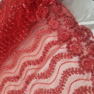 Elegant Red 51&quot; Floral Embroidery Lace with Sequins in Mesh by Yard