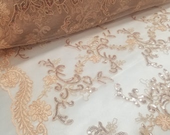Elegant Paisley Design Coral Bridal Lace Fabric With Sequins Embroidery By The Yard