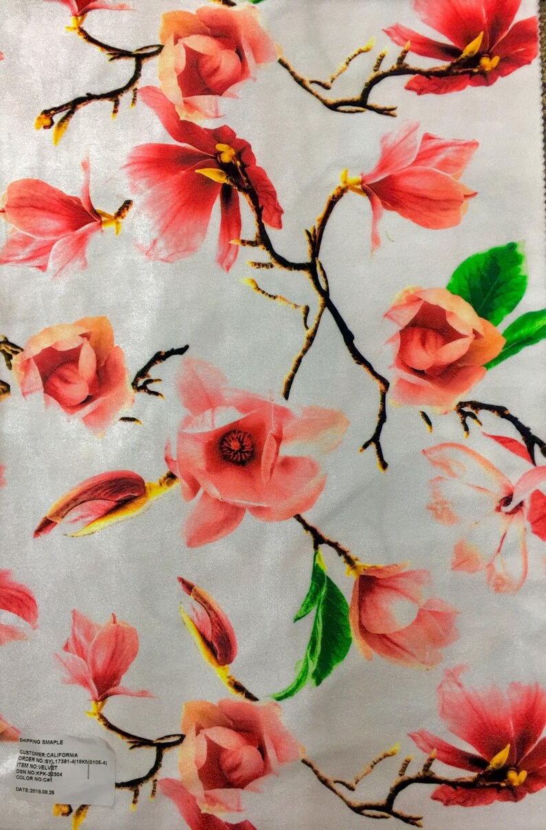 Silver Coral Pink Green Multi Color Floral Print Stretch Taffeta Fabric Sold By The Yard