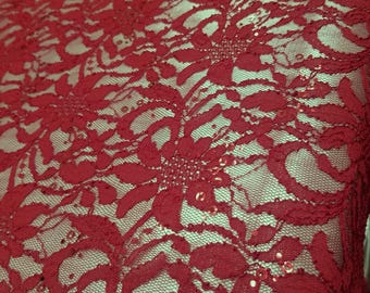 Dark Red Corded Lace Fabric with Black Bling All Over sold by the yard