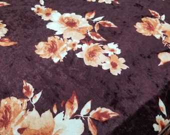 Burgundy Color Floral Print Stretch Velvet By Yard