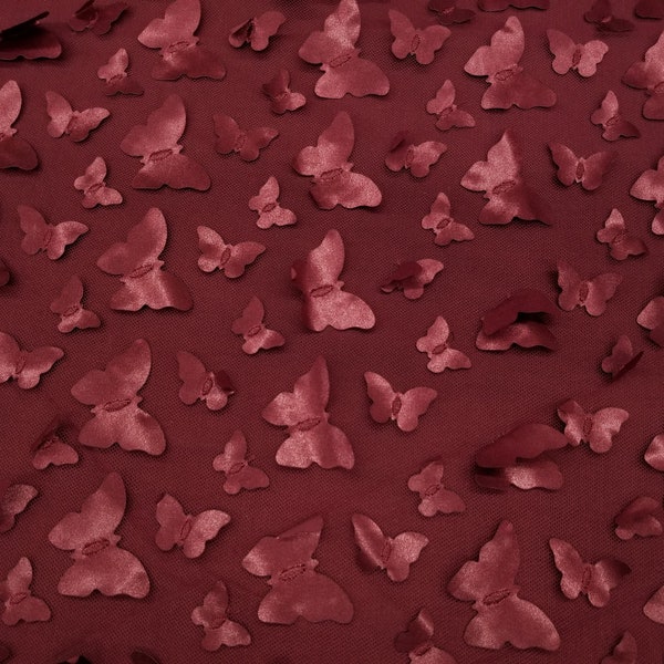 3D Butterfly Design Embroider on  Burgundy Mesh Fabric - Sold By the Yard