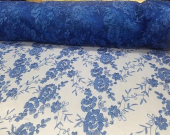 Elegant 54"  Royal Blue French Floral Design with Sequins Lace in Mesh by  yards
