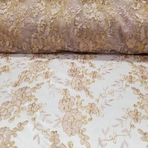 Elegant Dusty Pink Champagne 51" Floral Embroidery Lace with Sequins in Mesh by Yard
