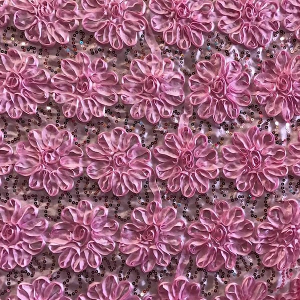 Gorgeous Pink  Floral Poly Satin Rosette with Sequins Fabric by the Yard