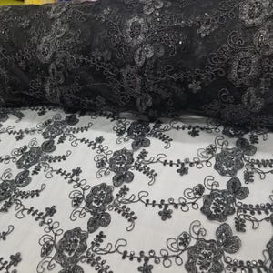 Beautiful Black with Sequins Flower Embroidery Metallic Mesh Lace Sold by Yard 54&quot; Width