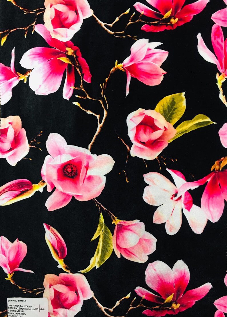Black Pink Green Floral Print Stretch Taffeta Fabric Sold By Etsy