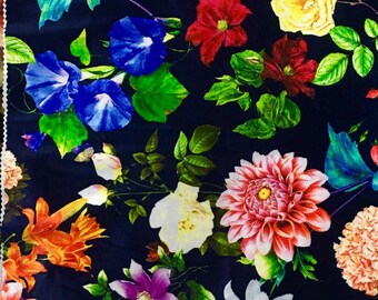 Silver Coral Pink Green Multi Color Floral Print Stretch Taffeta Fabric Sold By The Yard