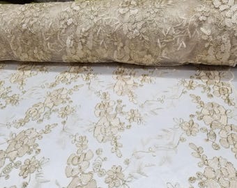 Elegant 54"Champagne French Floral Design with Sequins Lace in Mesh by  yards