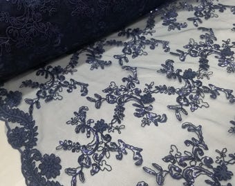 Renda com estampa floral francesa azul-marinho de 54" em malha por metro