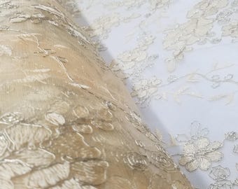 Elegant Gold 51" Floral Embroidery Lace with Sequins in Mesh by Yard