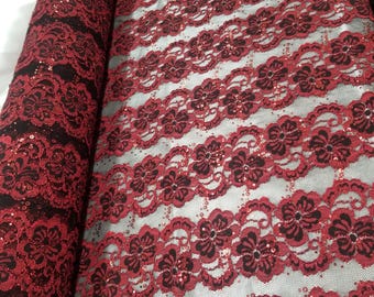 Burgundy Corded Lace Fabric with Burgundy Bling All Over sold by the yard