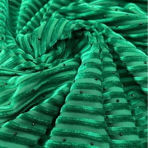 Kelly Green Stripe Jacquard Silk Korea Stretch Velvet Fabric For Dress by Yard