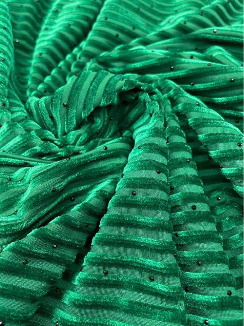 Kelly Green Stripe Jacquard Silk Korea Stretch Velvet Fabric For Dress by Yard image 1