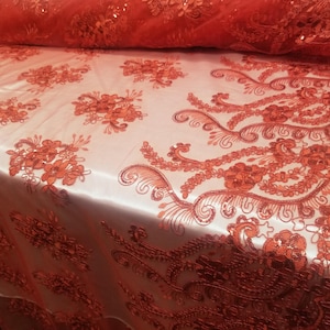 Red Metallic Flowers Sequins on A Mesh Lace Fabric for Tablecloths, Costumes, Decorations, Runners by the Yard