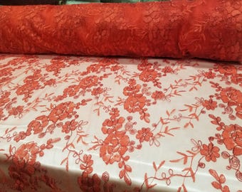 Elegant Red 51" Floral Embroidery Lace with Sequins in Mesh by Yard