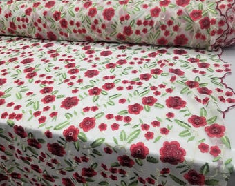 White Soft Lace Red Embroidered Floral Flowers Green Leaves Gown Bridal Evening Dress Prom Gown Fabric by The Yard