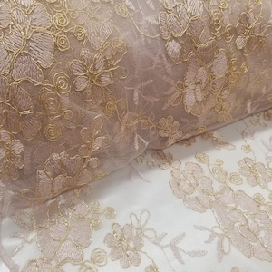 Elegant Blush Champagne 51&quot; Floral Embroidery Lace with Sequins in Mesh by Yard