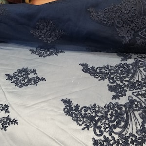 54&quot; Navy French Floral Design Lace in Mesh by the Yard