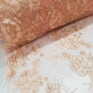Elegant Coral 51" Floral Embroidery Lace with Sequins in Mesh by Yard