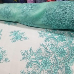 Mint Green Bridal Wedding Floral Mesh Lace Fabric by Yard
