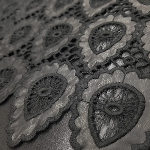 Black Cotton Lace with Leather Trim Scallop Cotton Guipure  lace Border Sold by Yard