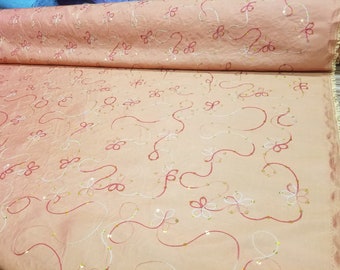 Peach Orange Floral Embroidery with Sequins on Taffeta Fabric By The Yard for Gown - Costume - Event - Bridesmaid - Wedding - Decor