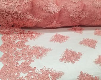 Coral Embroidery Bridal Wedding Floral Mesh Lace Fabric by Yard